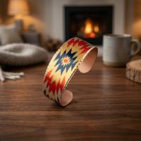 Aztek Kilim Desenli El Yapımı Kalın Bakır Bileklik - Seri 001
