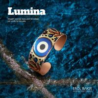 Lumina Krem Zemin Büyük Mavi Nazar Göz Desenli Kalın  El Yapımı Bakır Bileklik – Evil Eye Copper Bracelet