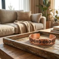 İnce Bakır Bileklik - Siyah Geometrik Desen Model 001