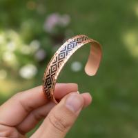 İnce Bakır Bileklik - Siyah Geometrik Desen Model 002