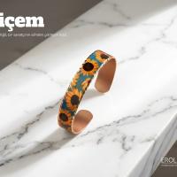 İnce Bakır Bileklik - Botanik Mavi Zemin Turuncu Model 060