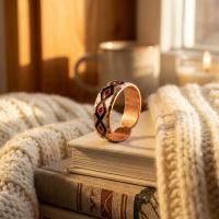 İnce Bakır Yüzük - Kırmızı Geometrik Desen Model 003