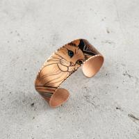 Kalın Bakır Bileklik - Fauna Siyah Mavi Kedi Desen Model 002