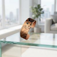Kalın Bakır Bileklik - Fauna Siyah Mavi Kedi Desen Model 002