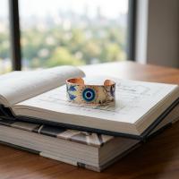Kalın Bakır Bileklik - Mavi Boncuğu Desen Model 011