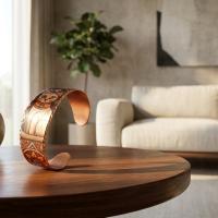 Kalın Bakır Bileklik - Fauna Siyah Kedi Geometrik Desen Model 027