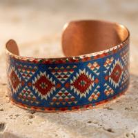 Kalın Bakır Bileklik - Mavi Kırmızı Geometrik Desen Model 028