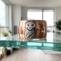 Kalın Bakır Bileklik - Mavi Zemin Siyah Kedi Desen Model 032