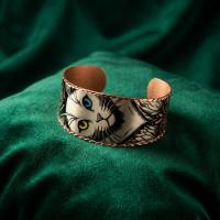 Kalın Bakır Bileklik - Fauna Krem Zemin Siyah Kedi Desen Model 034