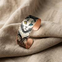 Kalın Bakır Bileklik - Fauna Krem Zemin Siyah Kedi Desen Model 034