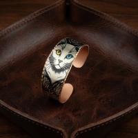 Kalın Bakır Bileklik - Fauna Krem Zemin Siyah Kedi Desen Model 034
