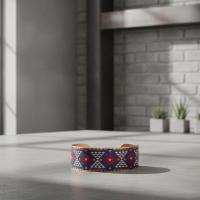 Kalın Bakır Bileklik - Mavi Kırmızı Geometrik Desen Model 044