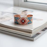 Kalın Bakır Bileklik - Mavi Kırmızı Geometrik Desen Model 047