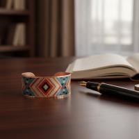 Kalın Bakır Bileklik - Mavi Kırmızı Geometrik Desen Model 047
