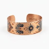 Kalın Bakır Bileklik - Botanik Siyah Çiçek Desen Model 052