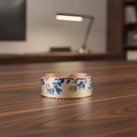 Kalın Bakır Bileklik - Botanik Mavi Çiçek Desen Model 054
