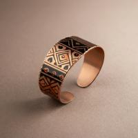 Kalın Bakır Bileklik - Siyah Geometrik Desen Model 062