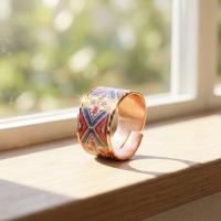 Kalın Bakır Yüzük - Mavi Kırmızı Geometrik Desen Model 009