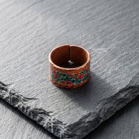 Kalın Bakır Yüzük - Turkuaz Kırmızı Çiçek Desen Model 019