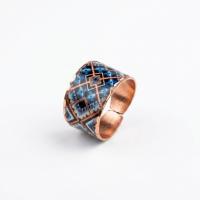 Kalın Bakır Yüzük - Mavi Geometrik Desen Model 030