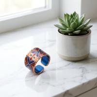 Kalın Bakır Yüzük - Etnik Mavi Kırmızı X Motifli Model 036