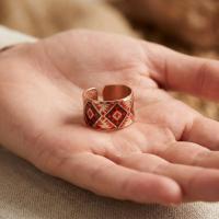 Kalın Bakır Yüzük - Kırmızı Beyaz Geometrik Desen Model 038