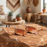 Bakır Küpe - Turuncu Kırmızı Geometrik Desen Model 004