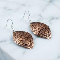 Bakır Küpe - Kahverengi Çiçek Mandala Desen Model 009