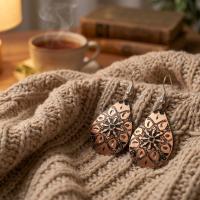 Bakır Küpe - Bohem Siyah Mandala Çiçekli Desen Model 022