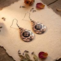 Bakır Küpe - Siyah Çiçek Desen Model 023