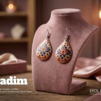 Bakır Küpe - Bohem Turuncu Mavi Çiçekli Model 025
