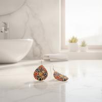 Bakır Küpe - Geometrik Kırmızı Mavi Sarı Model 027