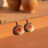 Bakır Küpe - Geometrik Desen Turuncu Mavi Model 035
