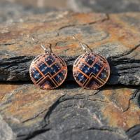 Bakır Küpe - Mavi Turuncu Geometrik Desen Model 047