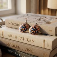 Bakır Küpe - Mavi Turuncu Geometrik Desen Model 047