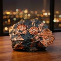 Bakır Küpe - Kırmızı Beyaz Desen Geometrik Model 052