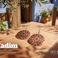 Bakır Küpe - Kırmızı Beyaz Desen Geometrik Model 052