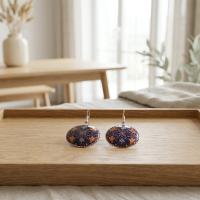 Bakır Küpe - Bohem Mavi Altın Desen Çiçek Model 053