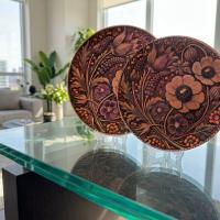 Dekoratif Bakır Tabak - Çiçekli Kahverengi Turuncu Çiçek Model 003
