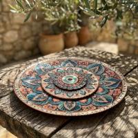 Dekoratif Bakır Tabak - Bakır Dekoratif Mavi Pembe Model 004