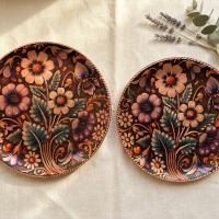 Dekoratif Bakır Tabak - Çiçekli Şeftali Mor Yeşil Model 005