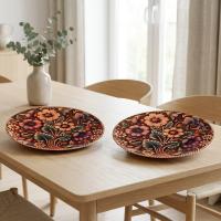 Dekoratif Bakır Tabak - Çiçekli Şeftali Mor Yeşil Model 005