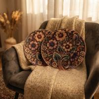 Dekoratif Bakır Tabak - Çiçekli Kahverengi Mor Yeşil Model 007
