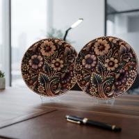 Dekoratif Bakır Tabak - Çiçekli Kahverengi Mor Yeşil Model 007