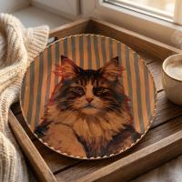 Dekoratif Bakır Tabak - Kedi Temalı Turuncu Kahverengi Model 008