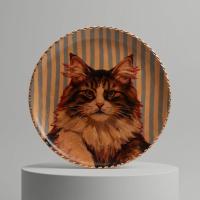 Dekoratif Bakır Tabak - Kedi Temalı Turuncu Kahverengi Model 008
