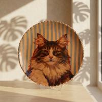 Dekoratif Bakır Tabak - Kedi Temalı Turuncu Kahverengi Model 008