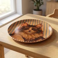 Dekoratif Bakır Tabak - Kedi Temalı Turuncu Kahverengi Model 008
