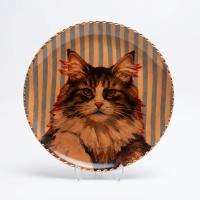 Dekoratif Bakır Tabak - Kedi Temalı Turuncu Kahverengi Model 008