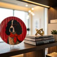 Dekoratif Bakır Tabak - Köpek Temalı Kırmızı Siyah Model 009